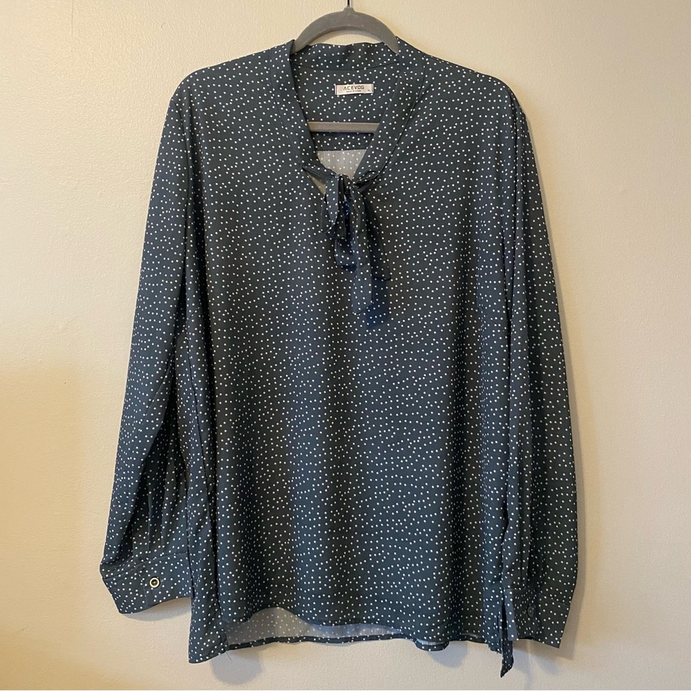 Acevog Dark Green White Polka Dot Tie Neck Blouse Long Sleeve Chiffon Top | XL